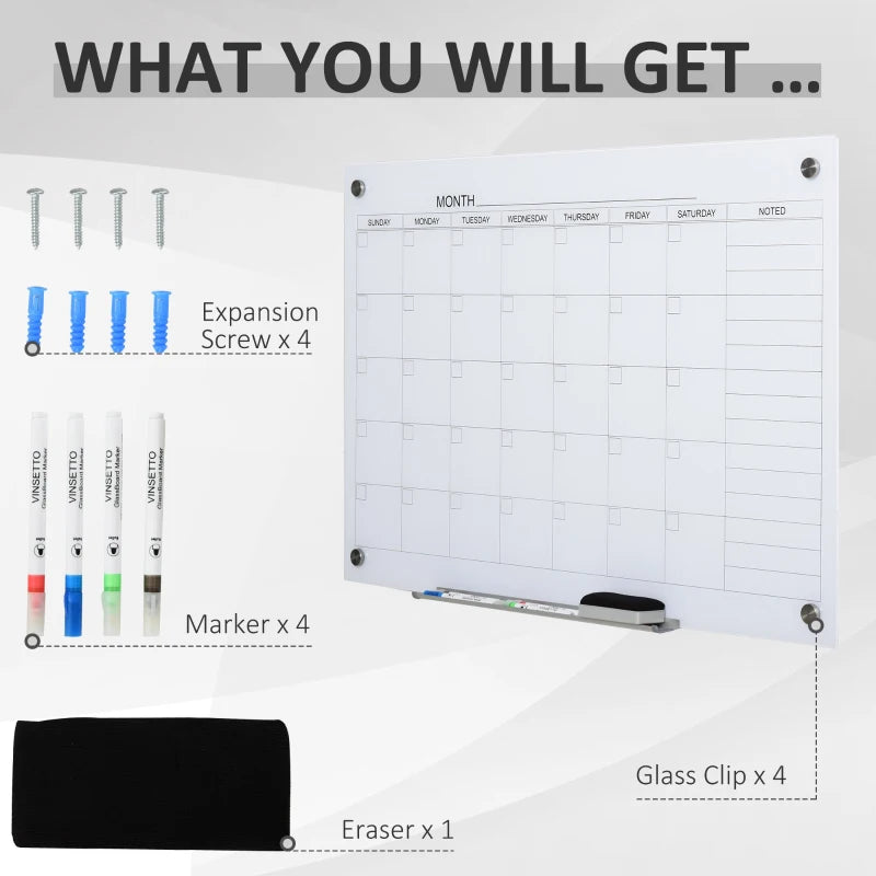 Vinsetto 35x23 Dry Erase Wall Calendar Glass Whiteboard Monthly Planner with 4 Markers and 1 Eraser