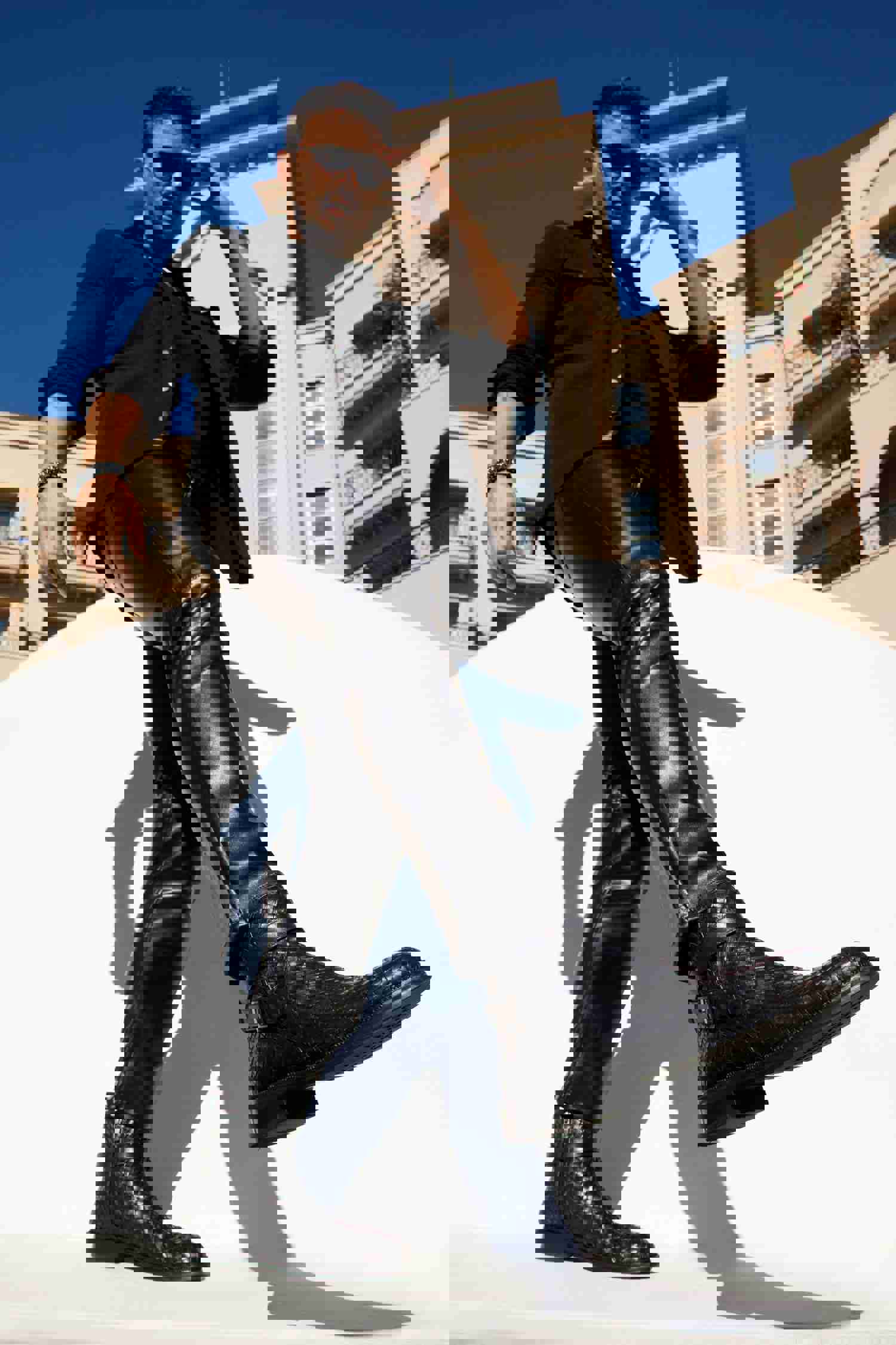 Morral Black Handwoven Leather Cross Strap Buckle Zip-Up Men Boot