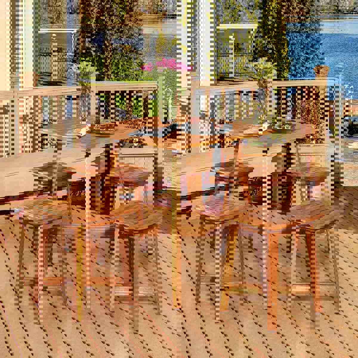 5 Pcs Acacia Wood Patio Dining Set with Square Table & 4 Stools, Outdoor Bistro Set