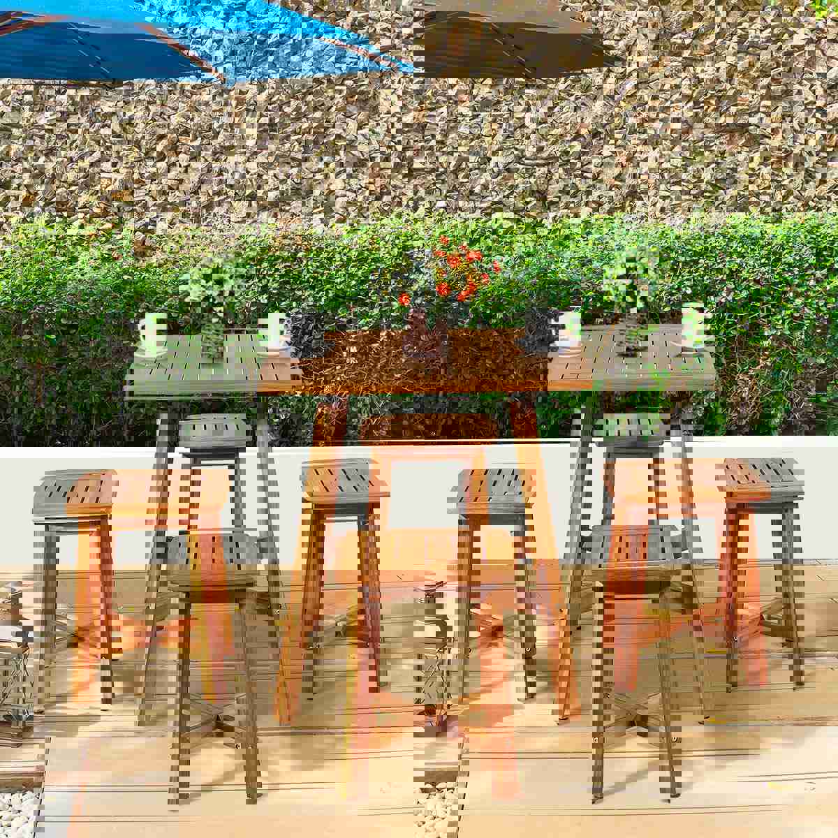 5 Pcs Acacia Wood Patio Dining Set with Square Table & 4 Stools, Outdoor Bistro Set