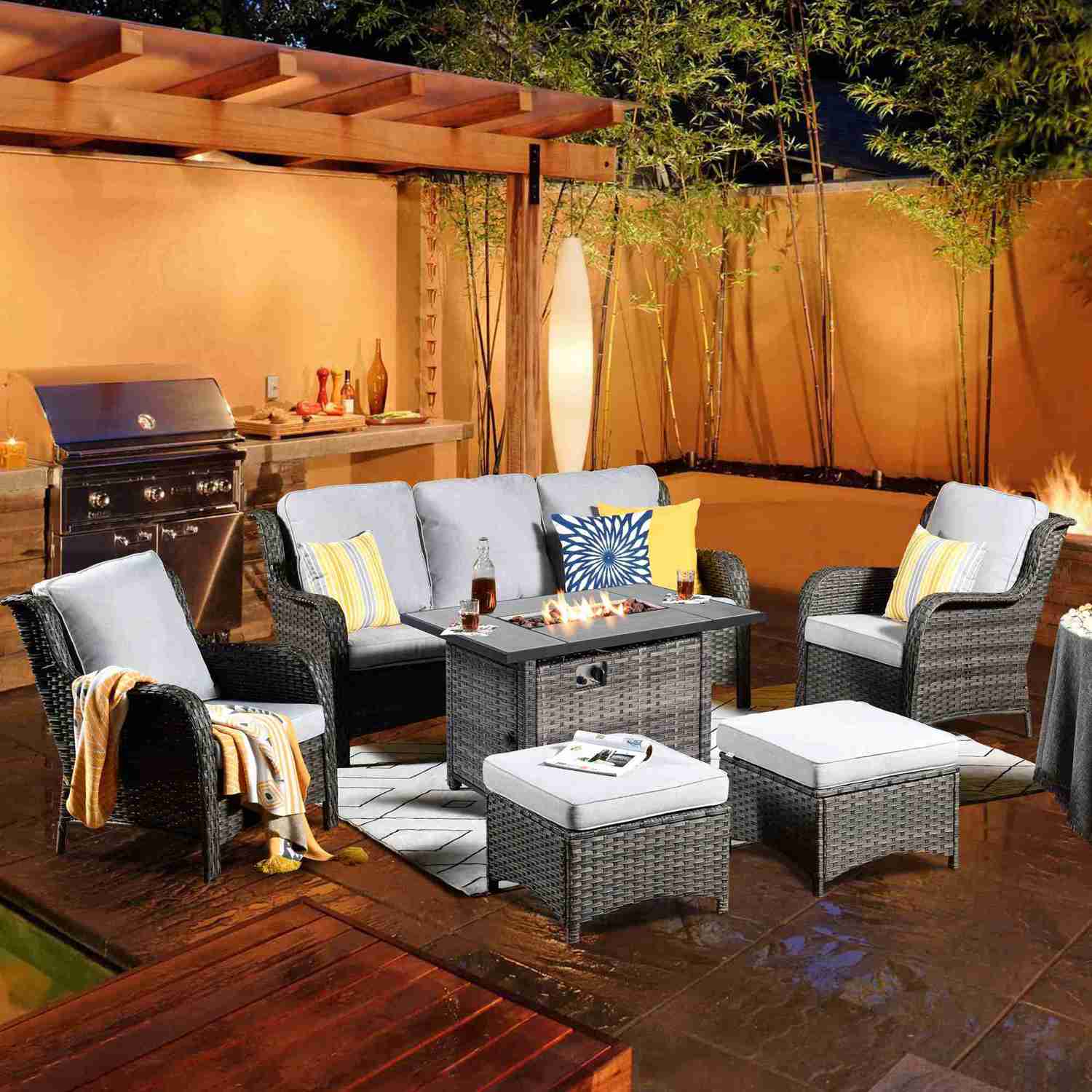 Ovios Patio 6-Piece Conversation Set with 42 Rectangle Propane Fire Pit Table Kenard