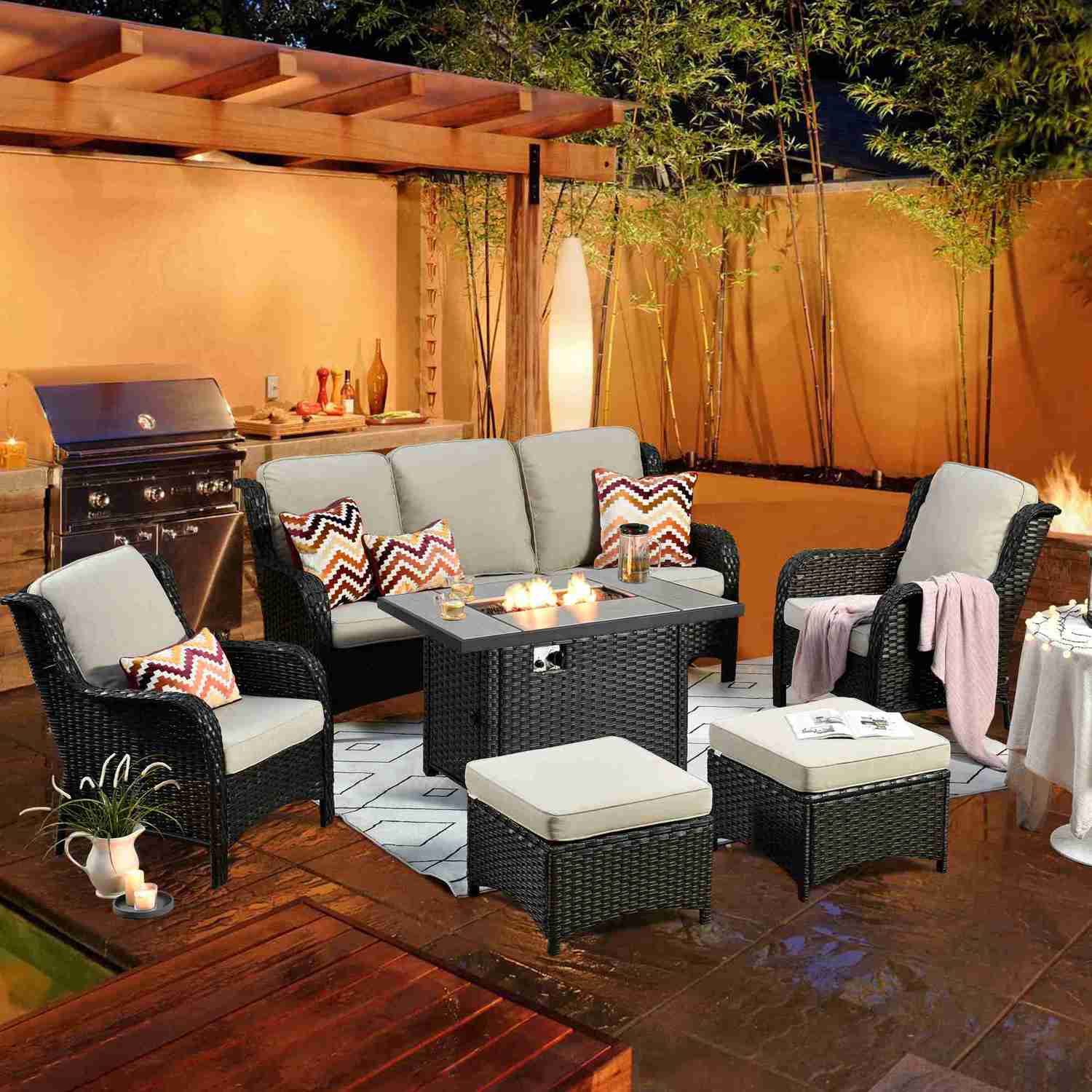 Ovios Patio 6-Piece Conversation Set with 42 Rectangle Propane Fire Pit Table Kenard