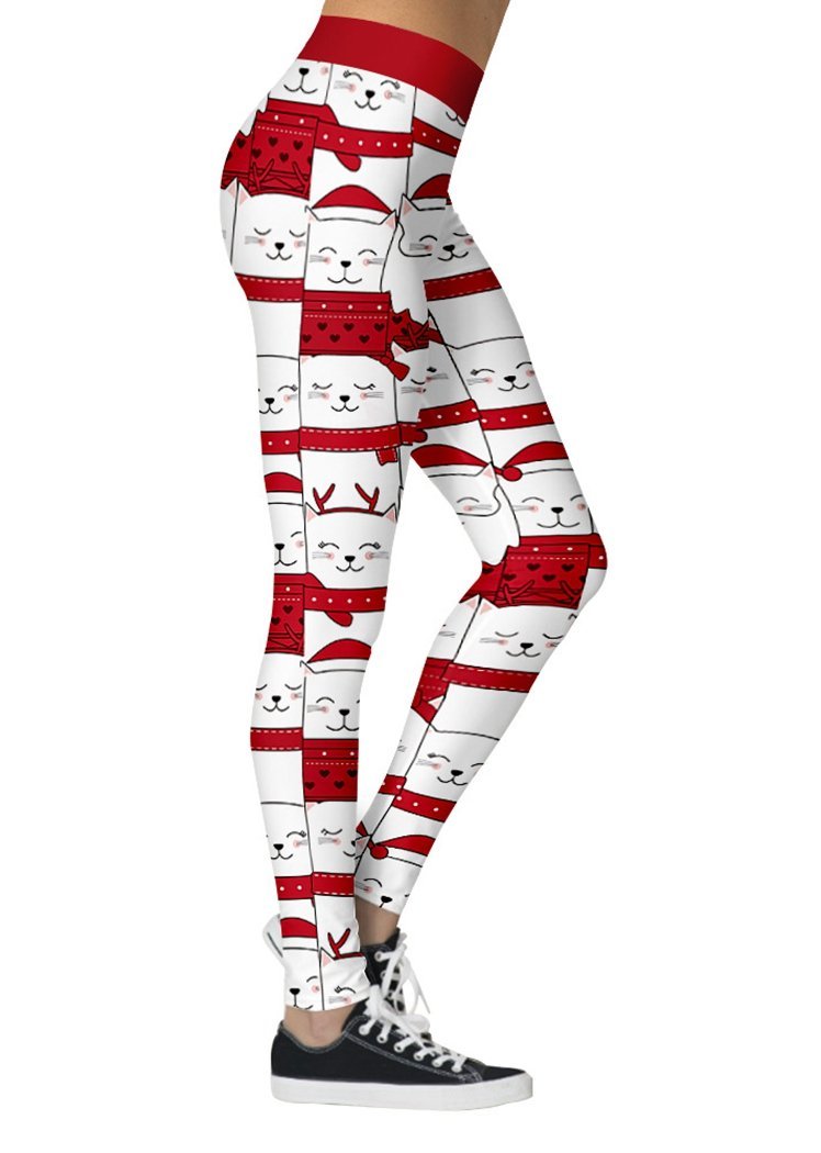 Fashion Women's Cartoon Deer Print Plaid Christmas Pants Ankle Length Leggings