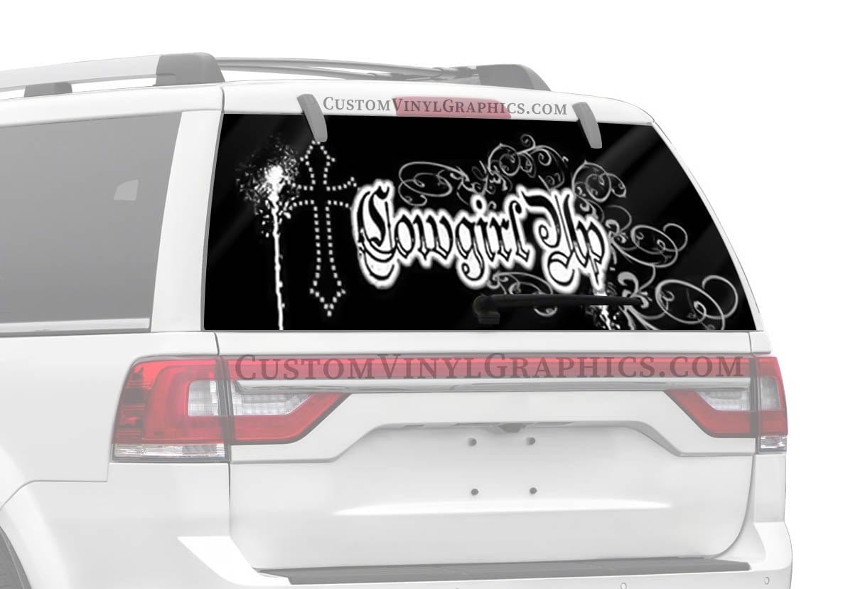 Cowgirl Up Rhinestone Cross Rear Window Decal