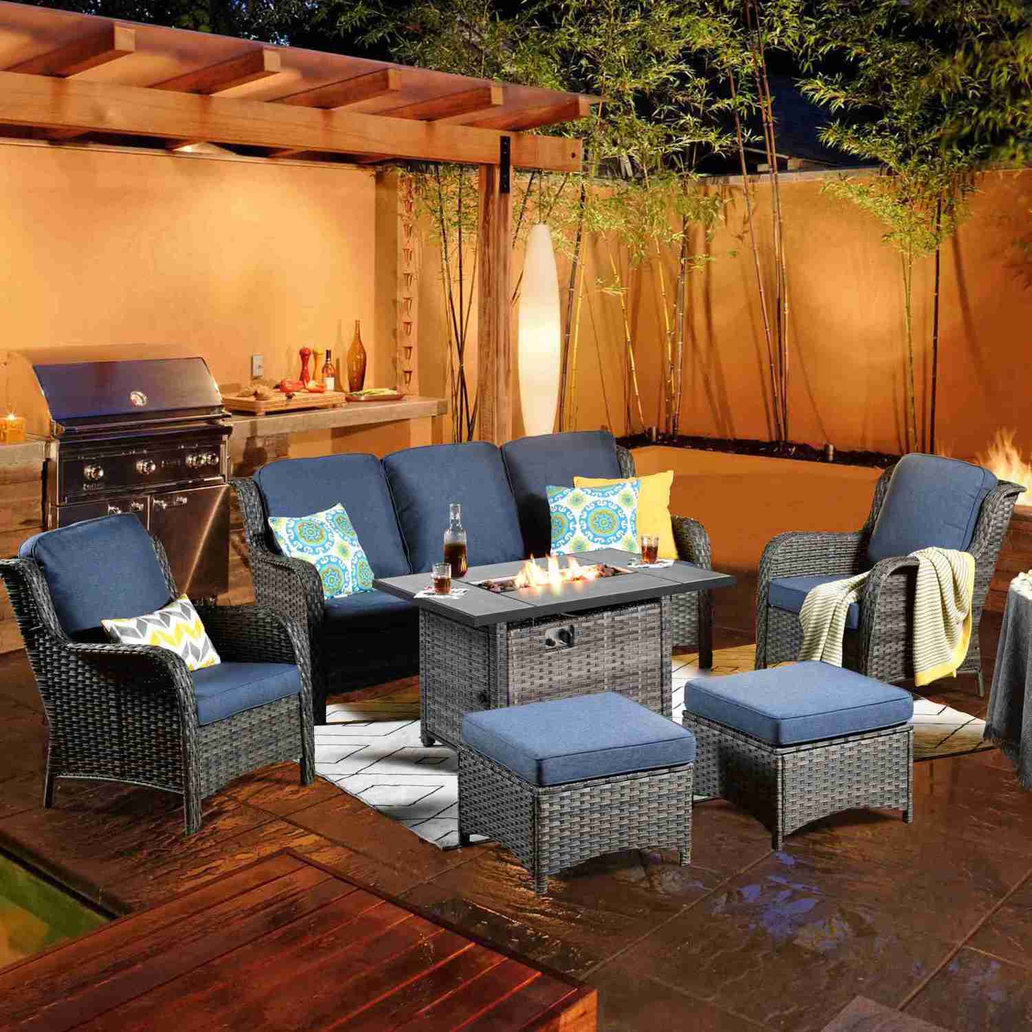 Ovios Patio 6-Piece Conversation Set with 42 Rectangle Propane Fire Pit Table Kenard