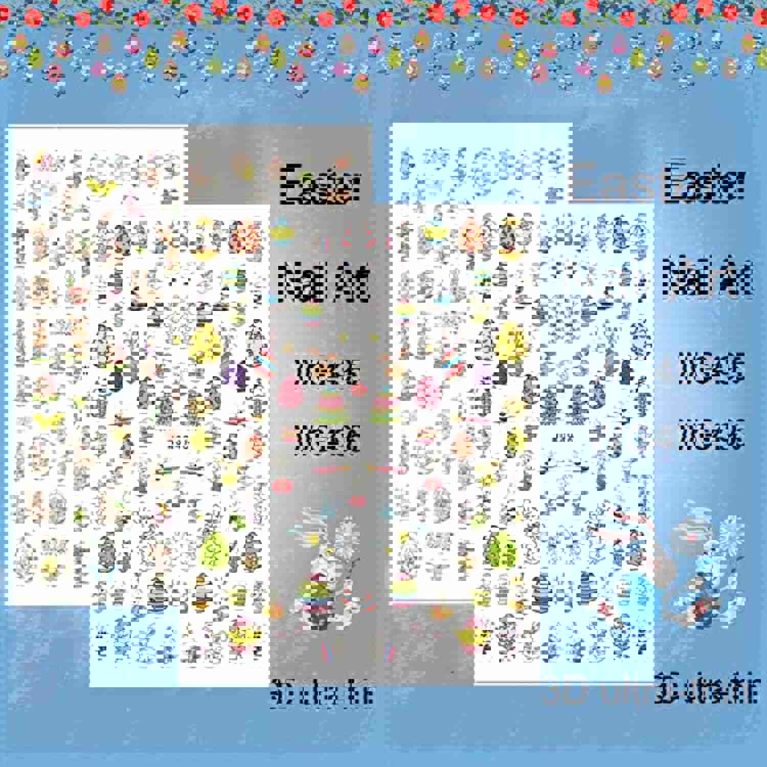 Easter Nail Art Stickers Decals - 3D Self-Adhesive Cartoon Bunny Egg Chicken Nail Decals for DIY Nail Decoration (6 Sheets)