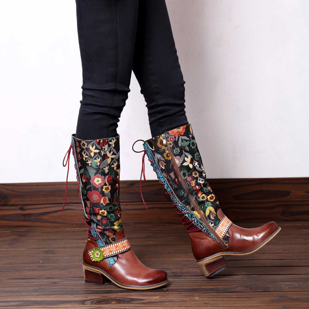 Retro Cowgirl Genuine Leather Flower Printed Wellington Boots