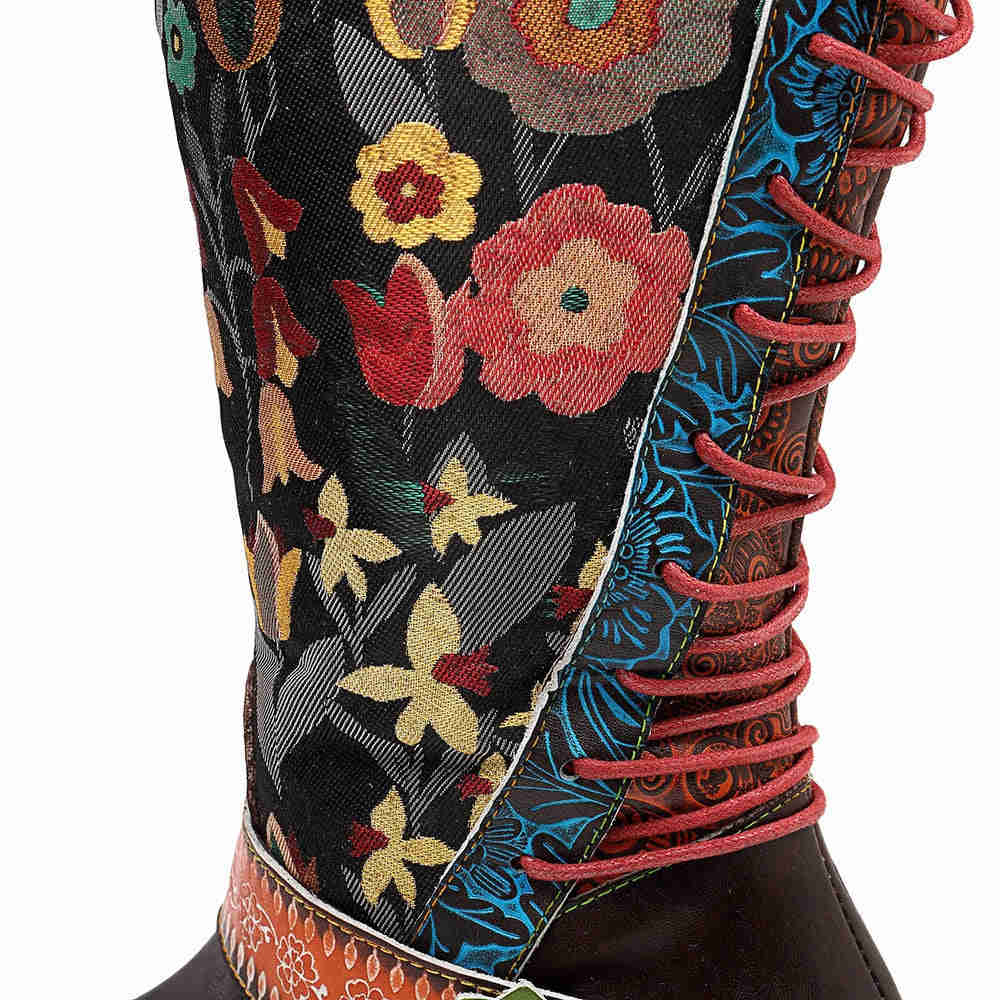 Retro Cowgirl Genuine Leather Flower Printed Wellington Boots