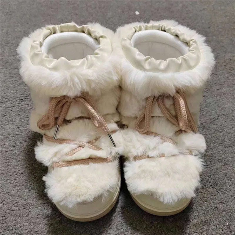 Women's Winter Snow Boots with Fluffy Fur, Lace-Up, Non-Slip Waterproof Ski Boots