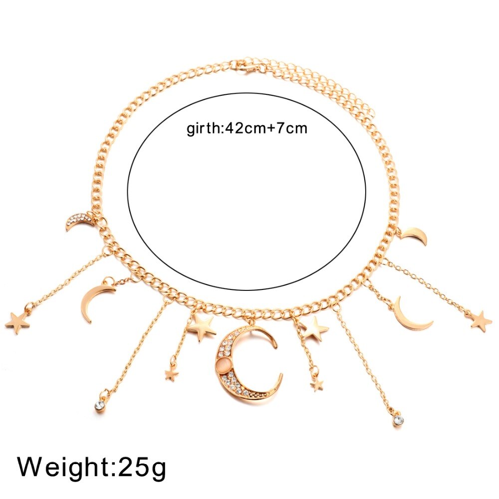 Exaggerated Crystal Star Moon Necklace with Gold Long Tassel Pendant - Boho Retro Choker Jewelry
