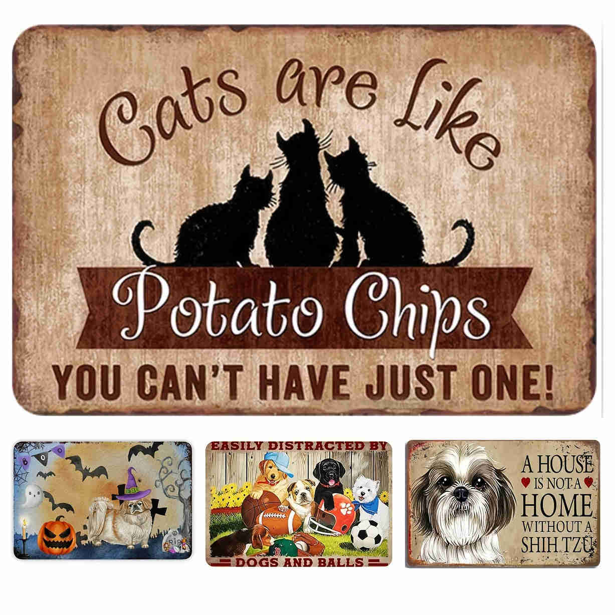 1pc Pzecaru Vintage Metal Sign - Cats Are Like Potato Chips You Can't Have Just One - Retro Wall Decor for Home, Office, Bathroom, Bar, Club, Cafe, Men Cave (8x12 Inches)