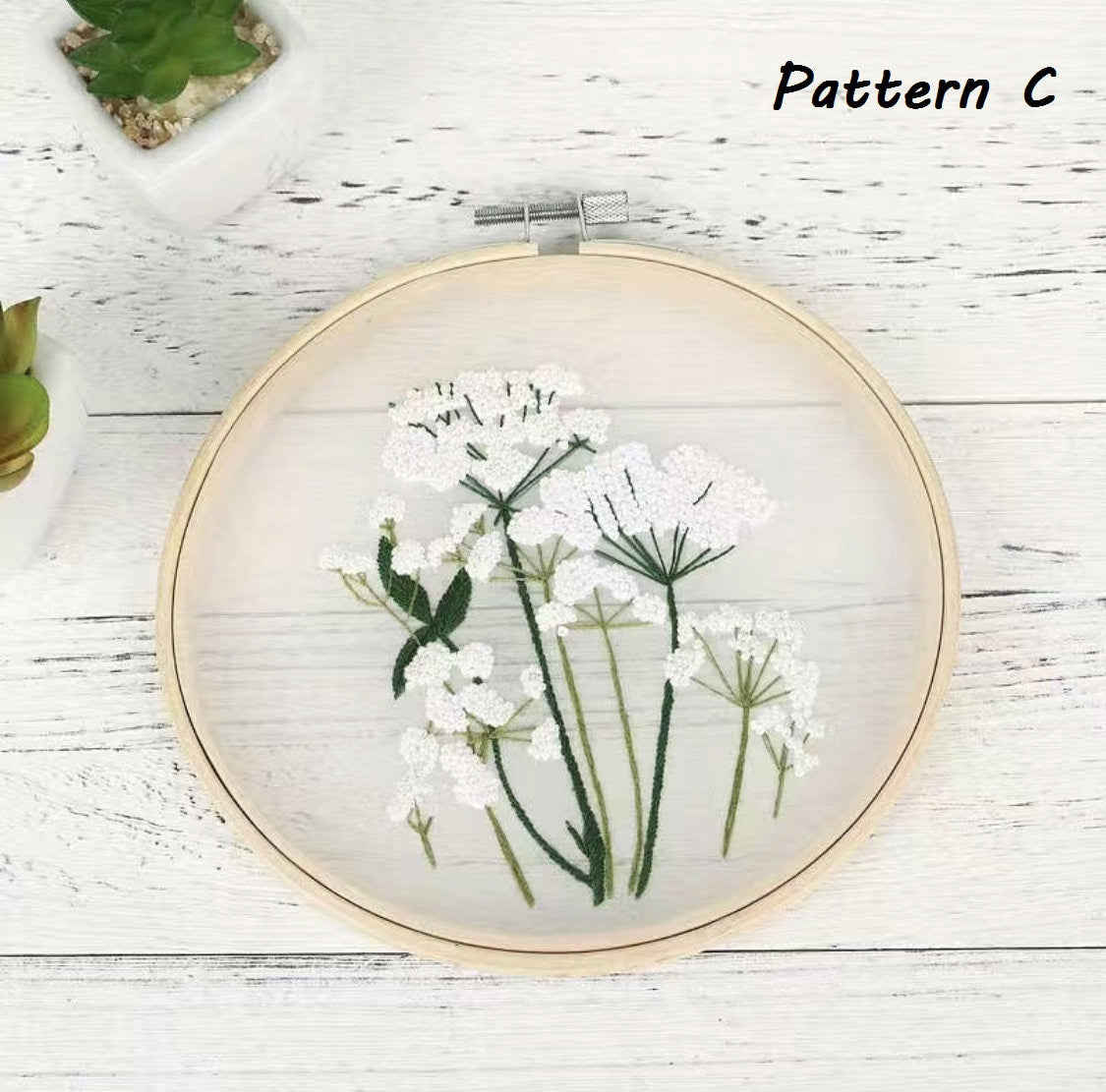 Transparent Floral Embroidery Kit with White Flowers, Dandelion, and Daisy - DIY Craft Kit for Experienced Stitchers