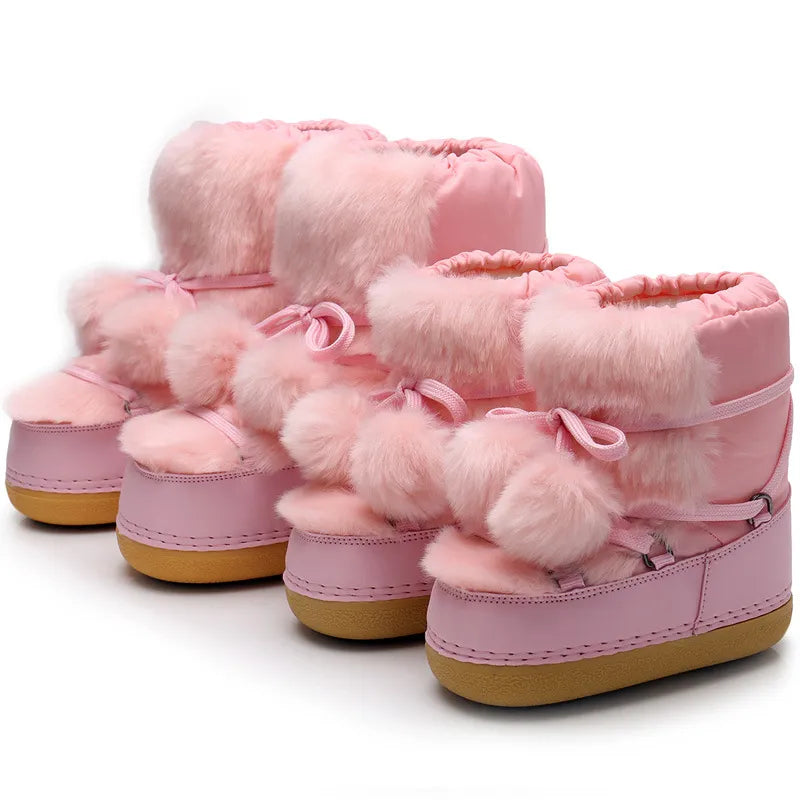 Women's Winter Snow Boots with Fluffy Fur, Lace-Up, Non-Slip Waterproof Ski Boots