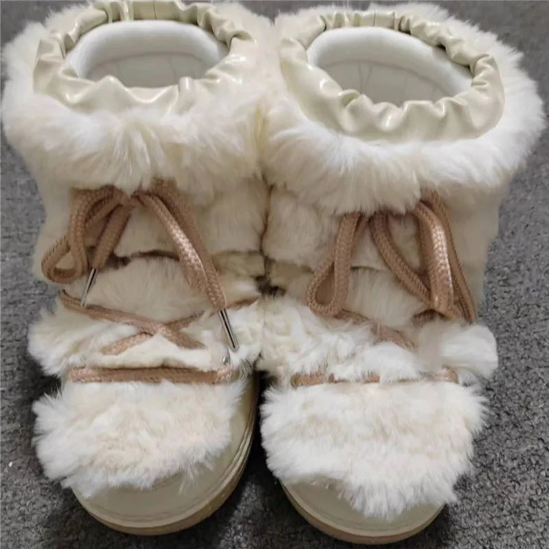 Women's Winter Snow Boots with Fluffy Fur, Lace-Up, Non-Slip Waterproof Ski Boots