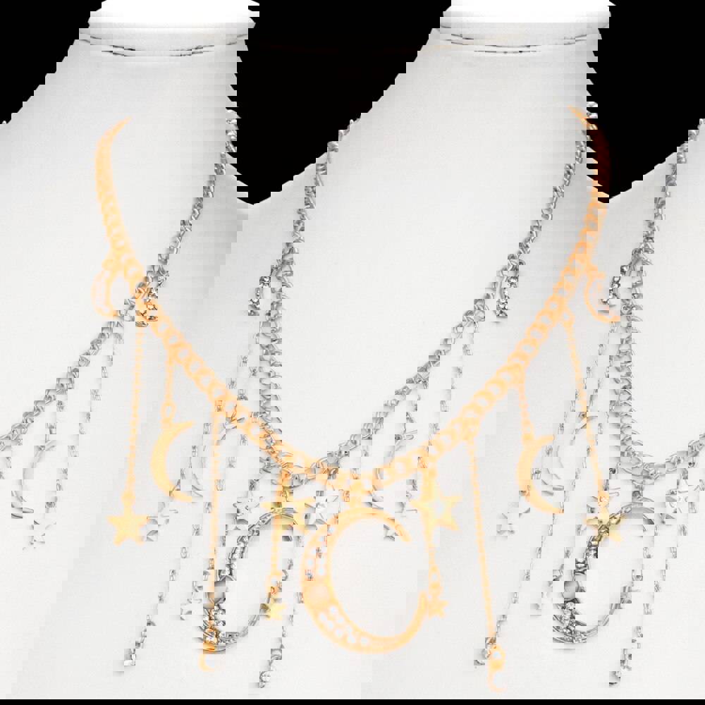 Exaggerated Crystal Star Moon Necklace with Gold Long Tassel Pendant - Boho Retro Choker Jewelry