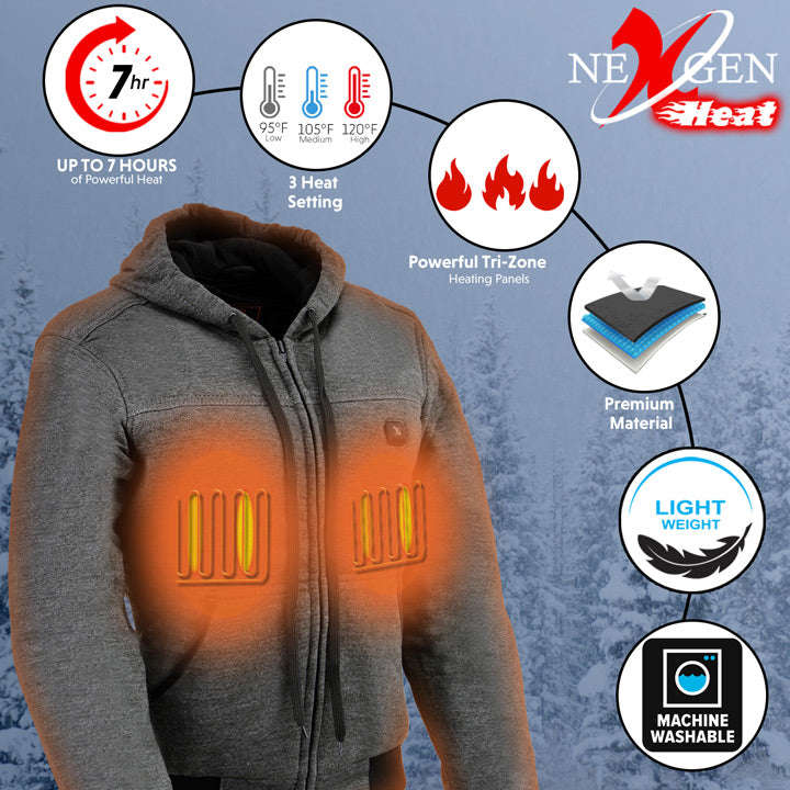 Nexgen Heat MPL2713SET Women's Grey Heated Hoodie Jacket with Battery Pack for Outdoor Activities