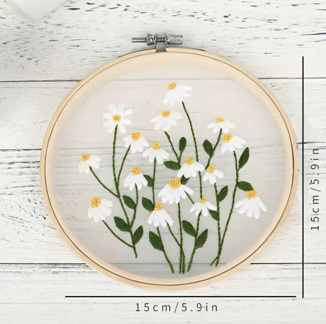 Transparent Floral Embroidery Kit with White Flowers, Dandelion, and Daisy - DIY Craft Kit for Experienced Stitchers
