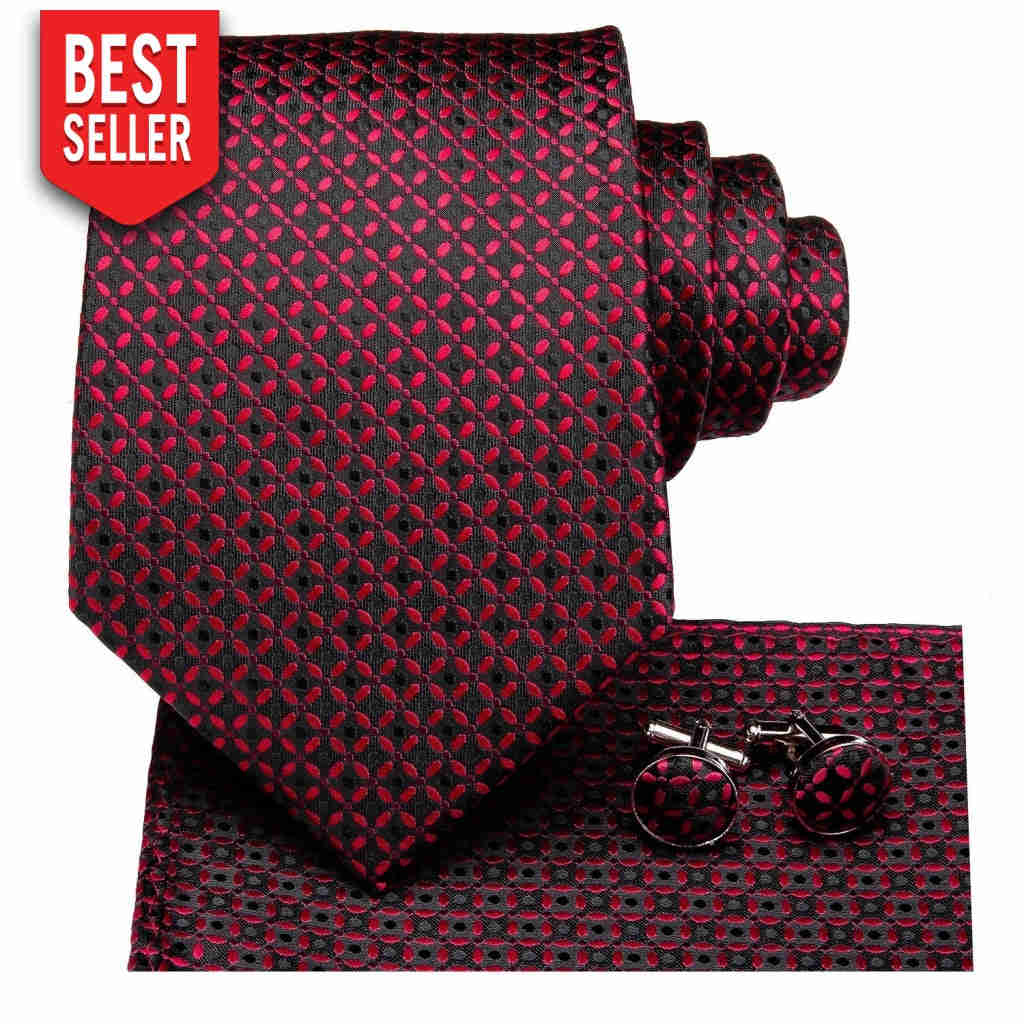 Luxury Wine Red Silk Tie Pocket Square Cufflinks Set