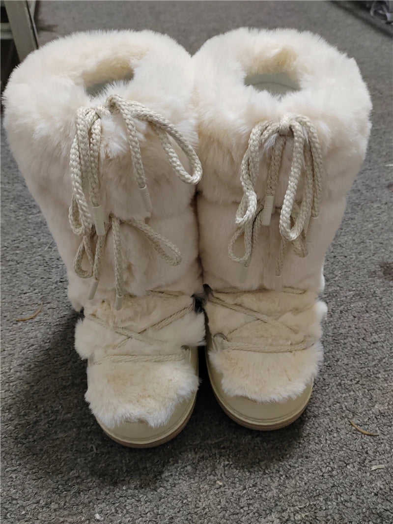 Women's Winter Snow Boots with Fluffy Fur, Lace-Up, Non-Slip Waterproof Ski Boots