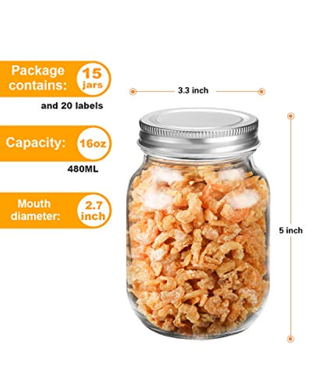 Rainforce 16 oz Mason Jars With Lids Regular Mouth 15 Pack - Bulk Clear Glass Jars for Food Storage & Meal Prep