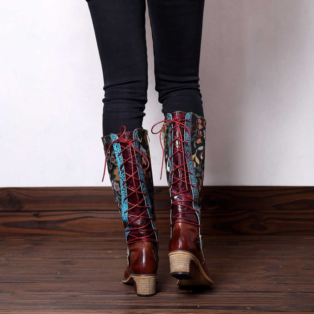 Retro Cowgirl Genuine Leather Flower Printed Wellington Boots