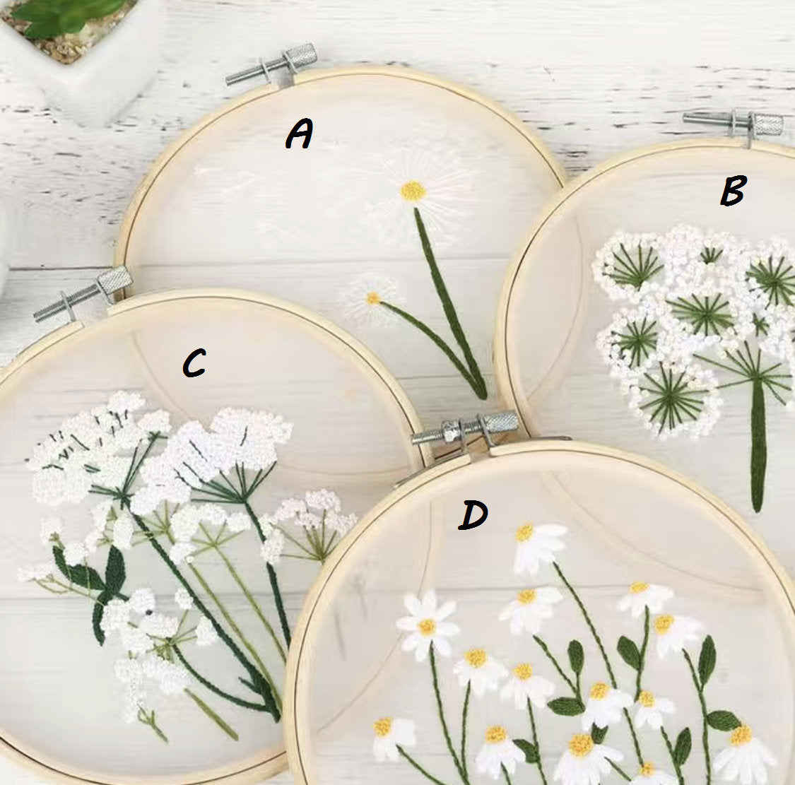 Transparent Floral Embroidery Kit with White Flowers, Dandelion, and Daisy - DIY Craft Kit for Experienced Stitchers