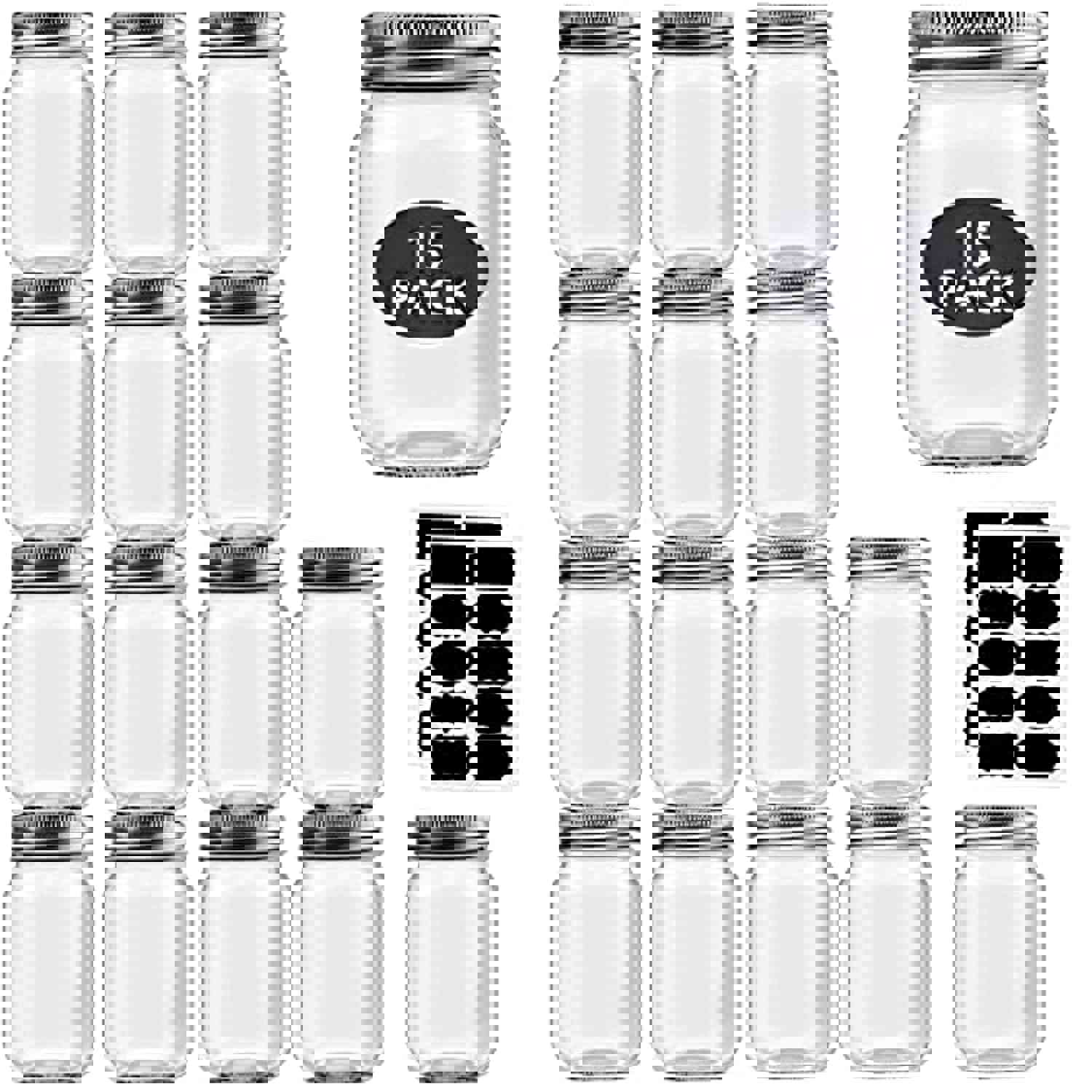Rainforce 16 oz Mason Jars With Lids Regular Mouth 15 Pack - Bulk Clear Glass Jars for Food Storage & Meal Prep