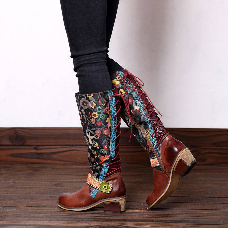 Retro Cowgirl Genuine Leather Flower Printed Wellington Boots