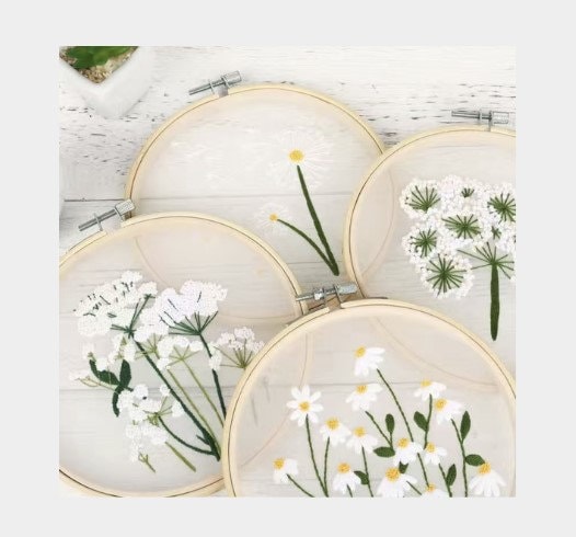Transparent Floral Embroidery Kit with White Flowers, Dandelion, and Daisy - DIY Craft Kit for Experienced Stitchers