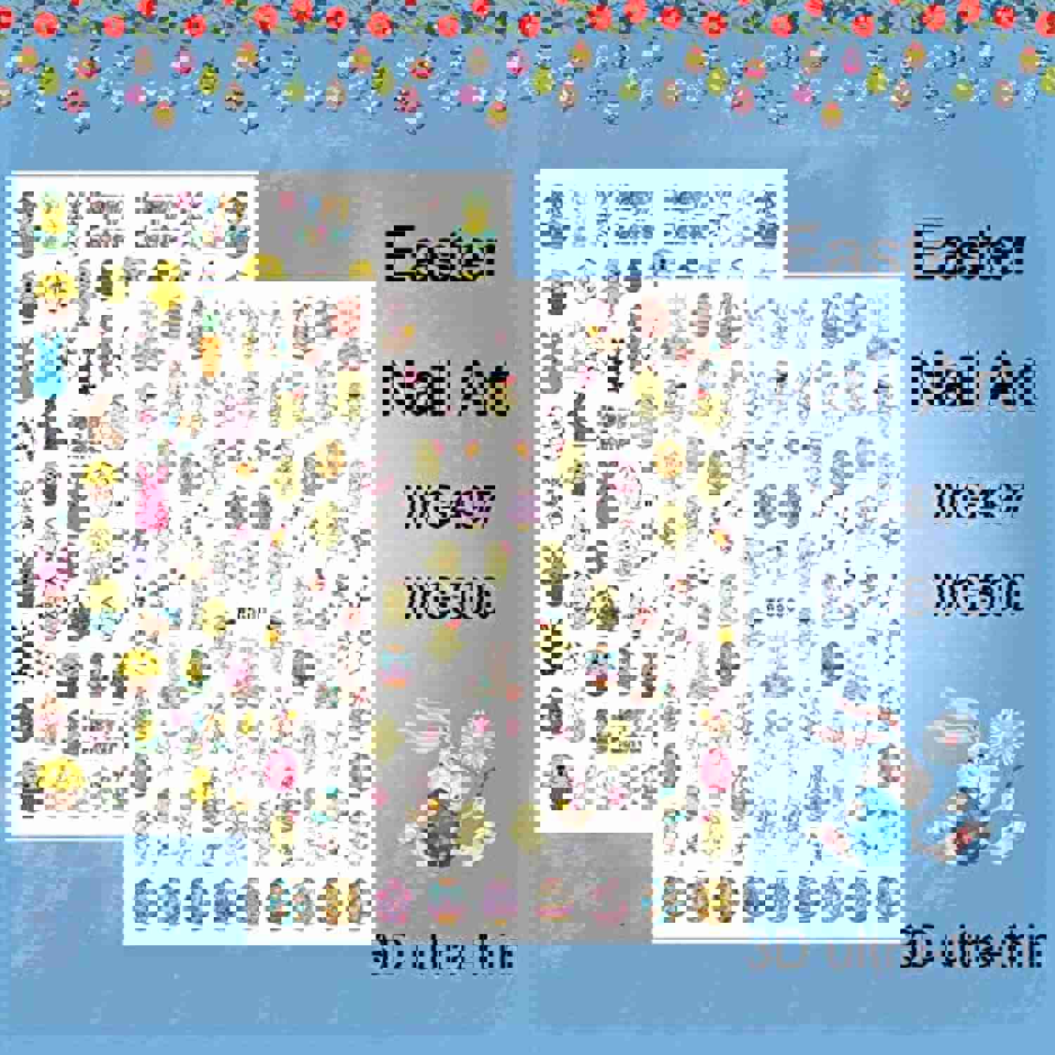 Easter Nail Art Stickers Decals - 3D Self-Adhesive Cartoon Bunny Egg Chicken Nail Decals for DIY Nail Decoration (6 Sheets)