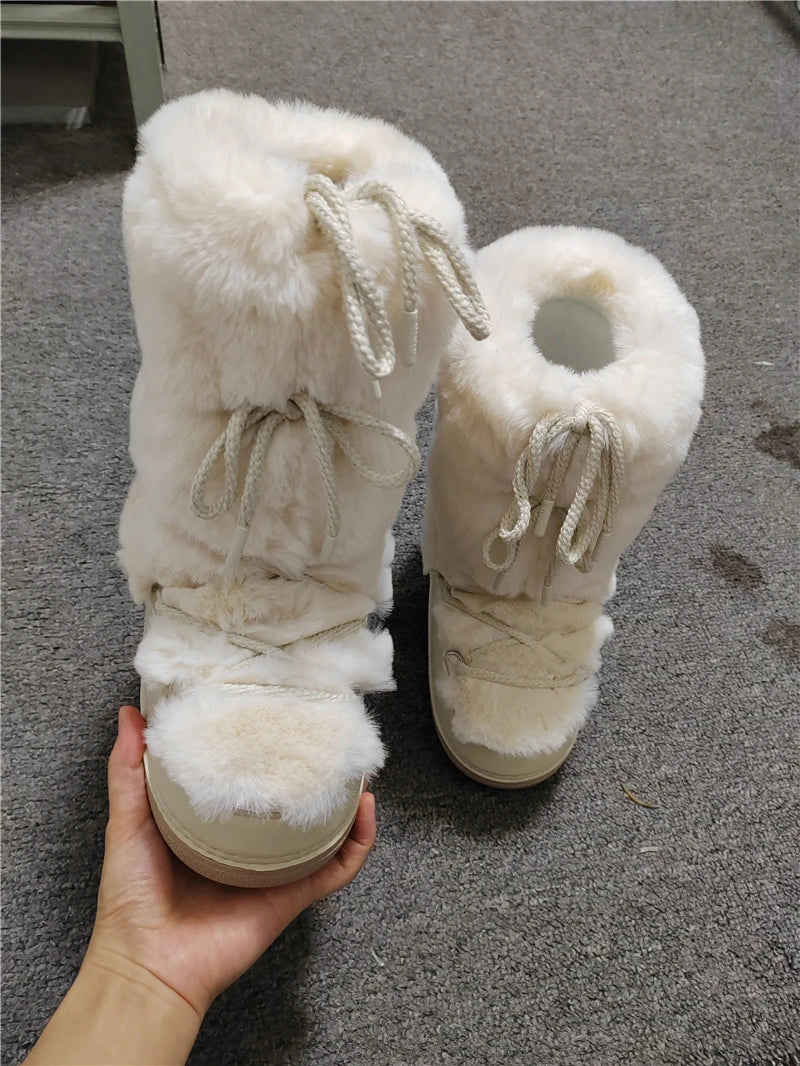 Women's Winter Snow Boots with Fluffy Fur, Lace-Up, Non-Slip Waterproof Ski Boots