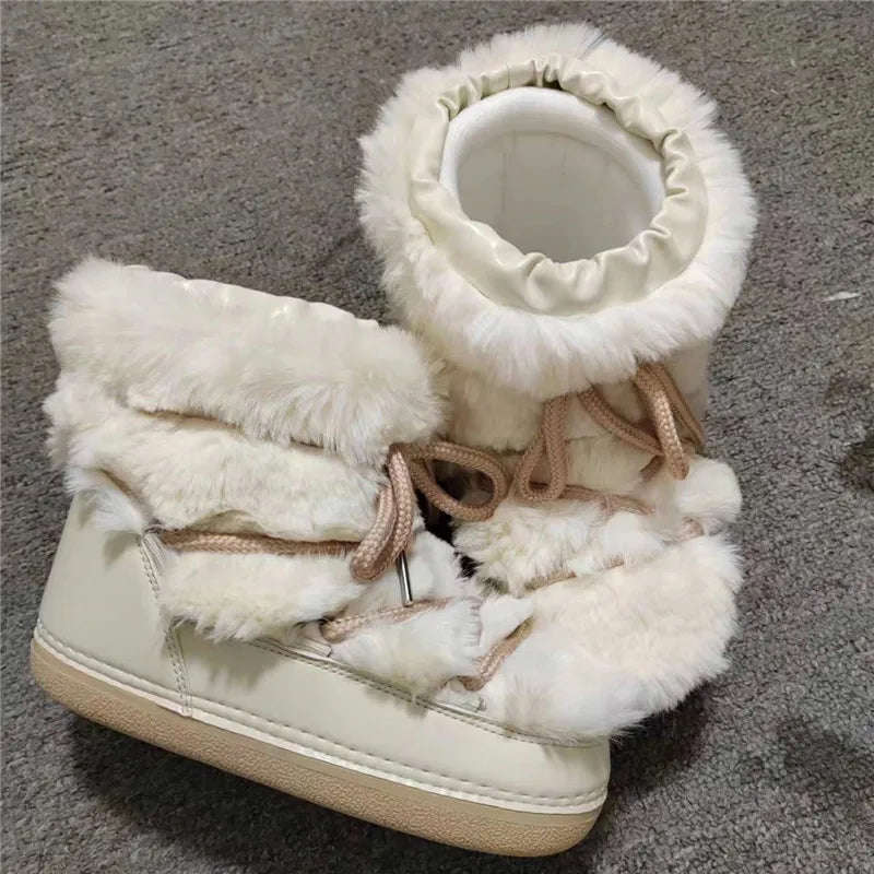 Women's Winter Snow Boots with Fluffy Fur, Lace-Up, Non-Slip Waterproof Ski Boots