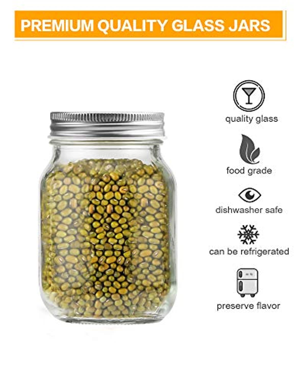 Rainforce 16 oz Mason Jars With Lids Regular Mouth 15 Pack - Bulk Clear Glass Jars for Food Storage & Meal Prep