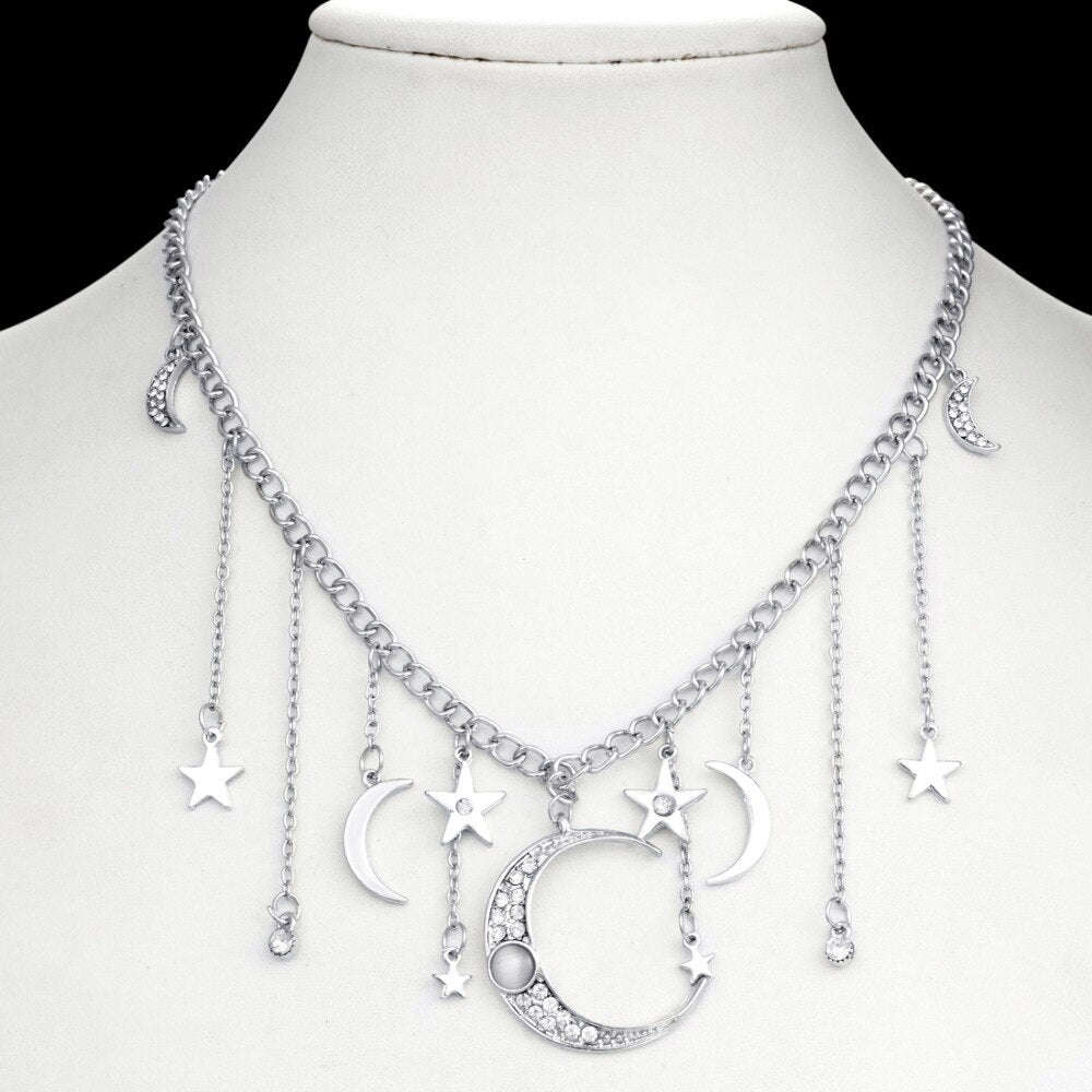 Exaggerated Crystal Star Moon Necklace with Gold Long Tassel Pendant - Boho Retro Choker Jewelry