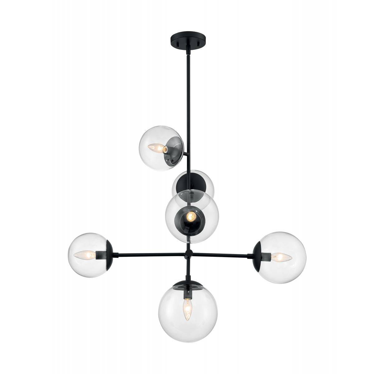 SKY 6 LIGHT PENDANT - Modern Matte Black Finish with Clear Glass Orbs