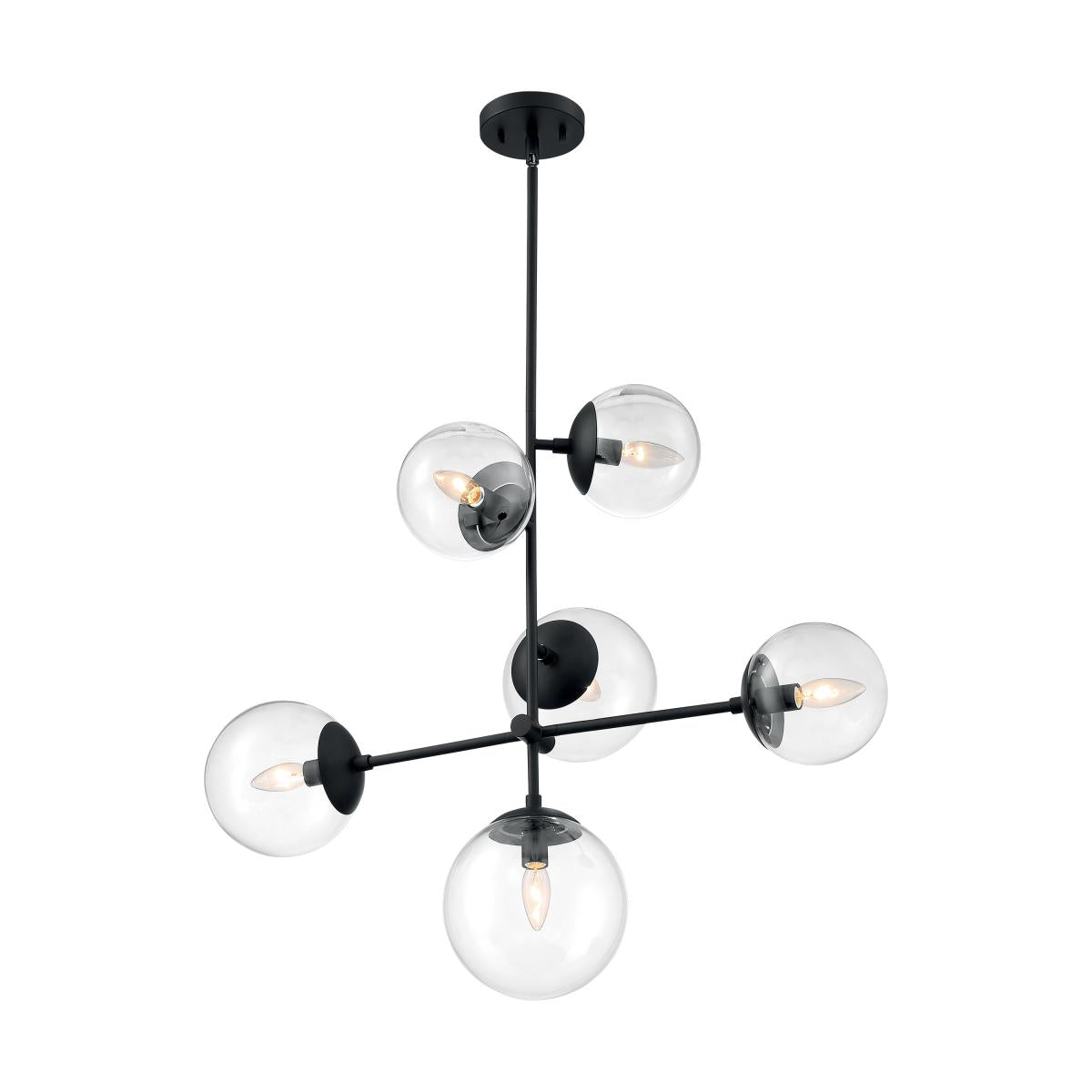 SKY 6 LIGHT PENDANT - Modern Matte Black Finish with Clear Glass Orbs