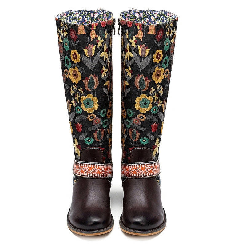 Retro Cowgirl Genuine Leather Flower Printed Wellington Boots
