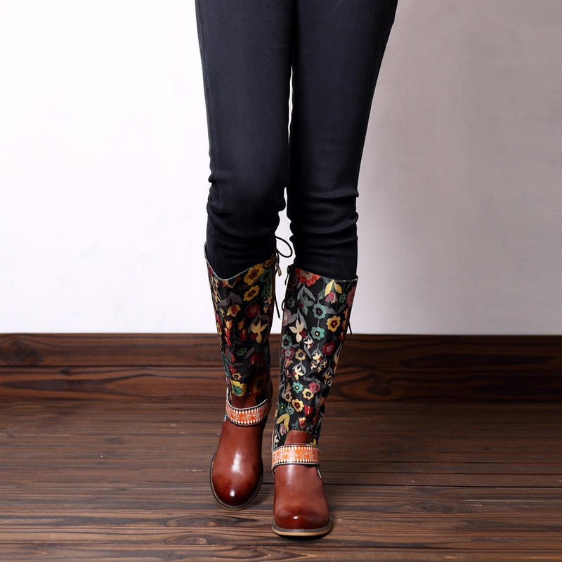 Retro Cowgirl Genuine Leather Flower Printed Wellington Boots
