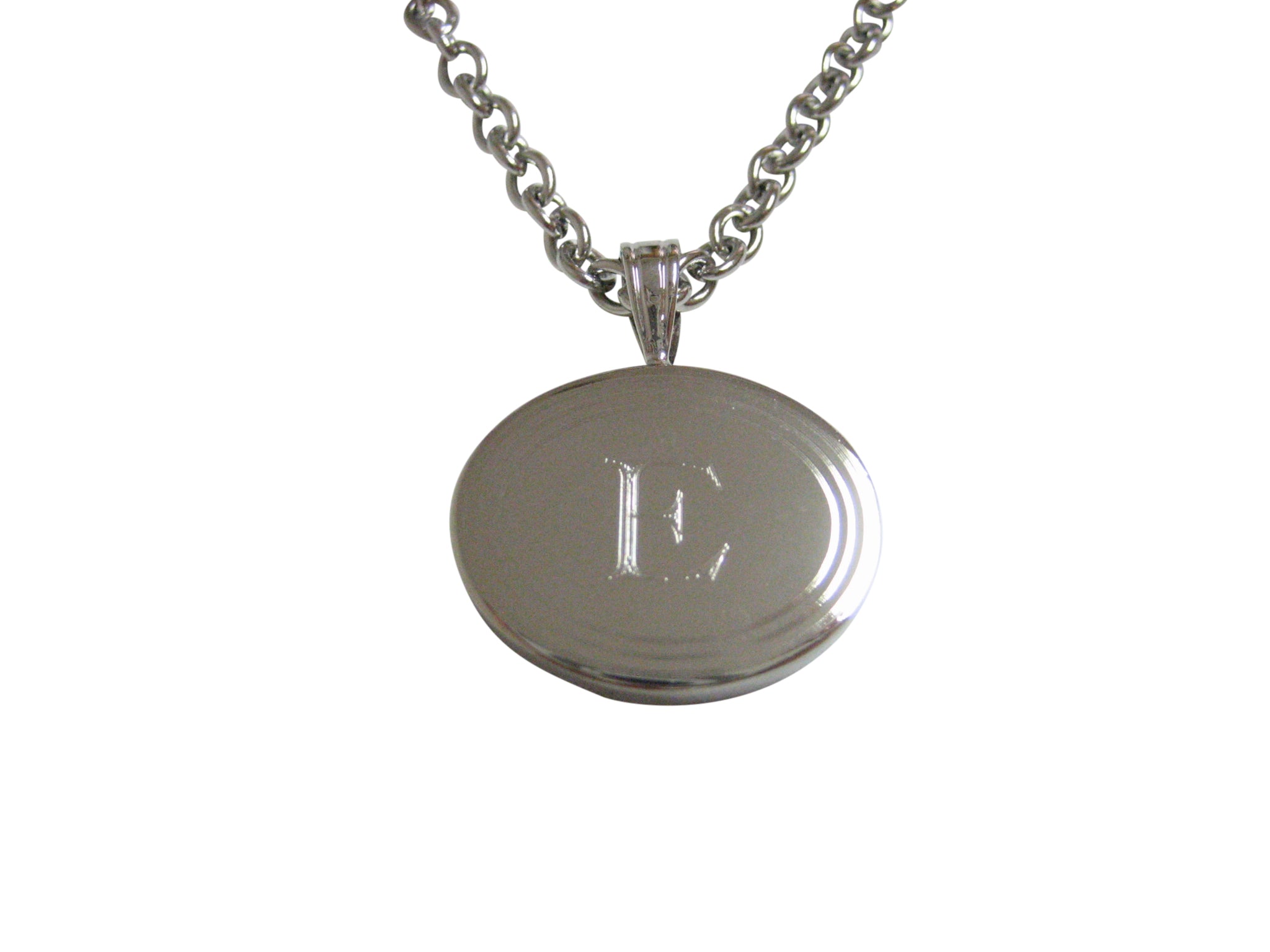 Silver Toned Etched Oval Letter E Monogram Pendant Necklace by Kiola Designs