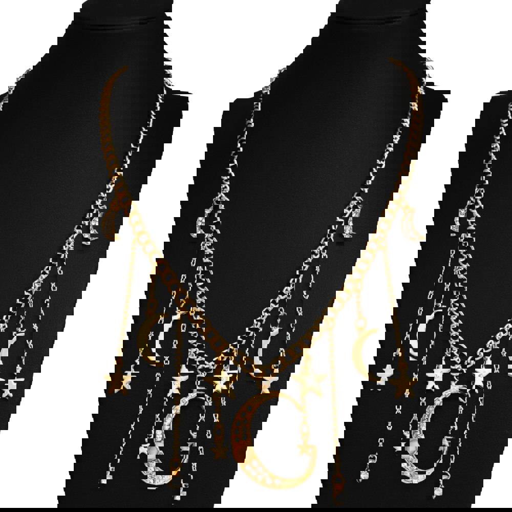 Exaggerated Crystal Star Moon Necklace with Gold Long Tassel Pendant - Boho Retro Choker Jewelry