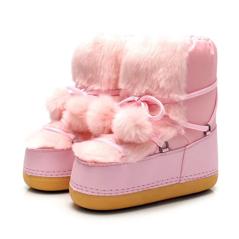 Women's Winter Snow Boots with Fluffy Fur, Lace-Up, Non-Slip Waterproof Ski Boots