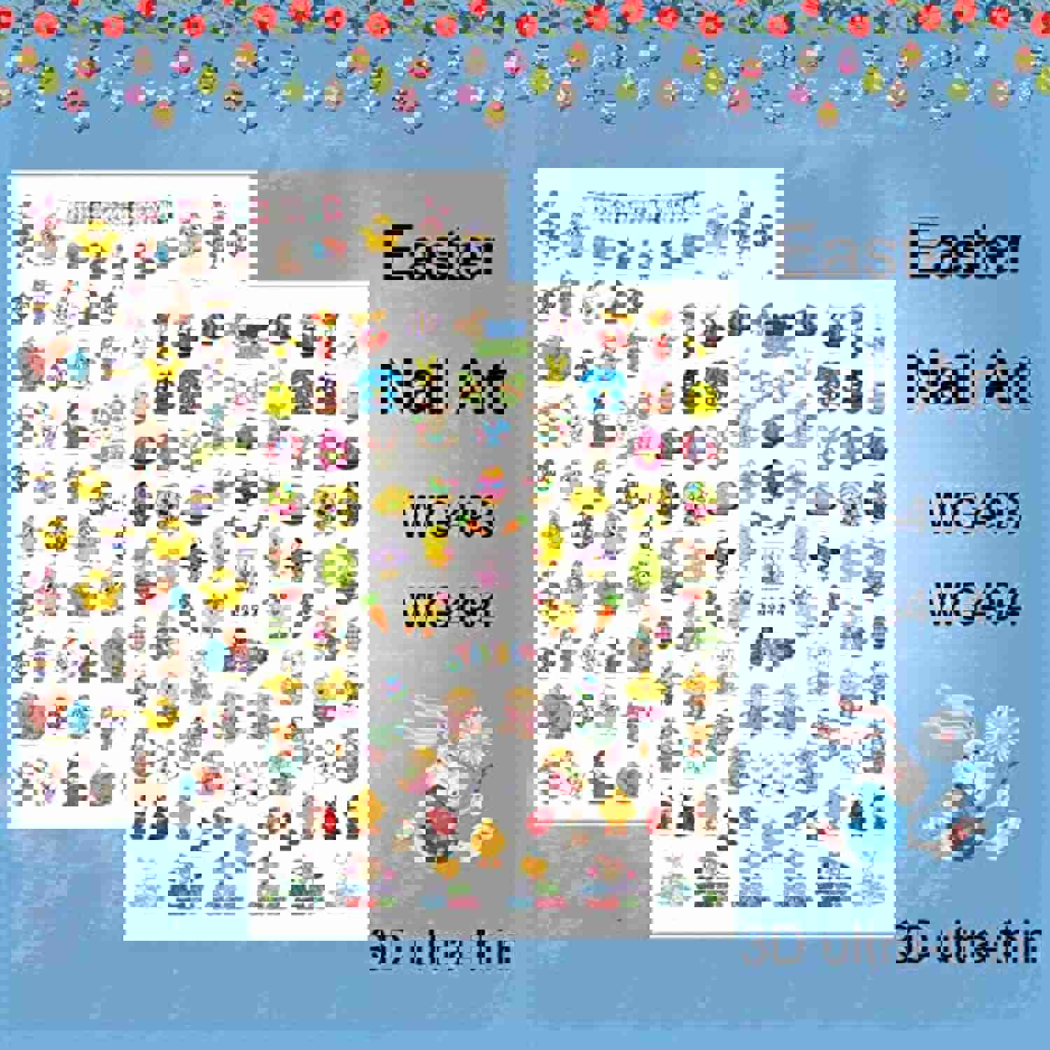 Easter Nail Art Stickers Decals - 3D Self-Adhesive Cartoon Bunny Egg Chicken Nail Decals for DIY Nail Decoration (6 Sheets)