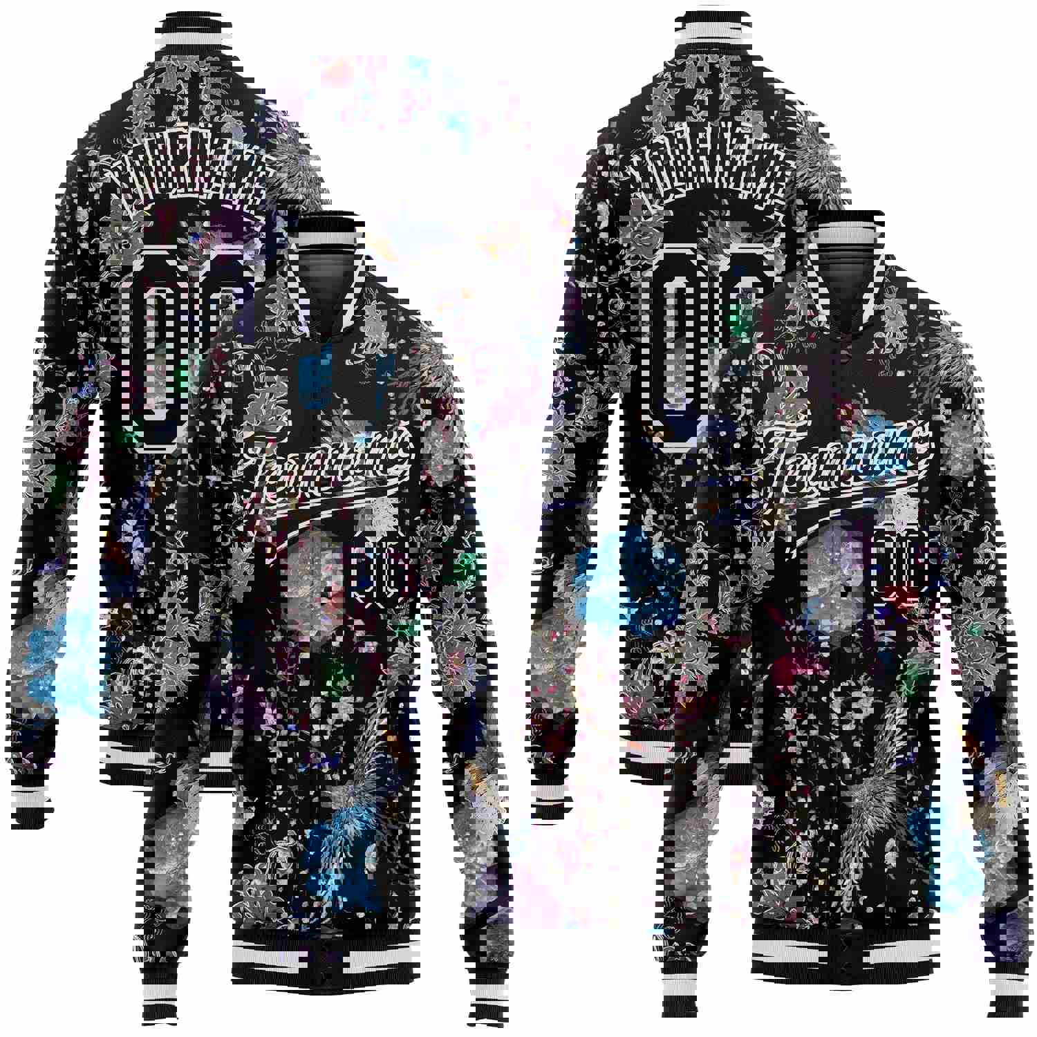 Custom Black White Heron And Flower 3D Pattern Design Bomber Full-Snap Varsity Letterman Jacket