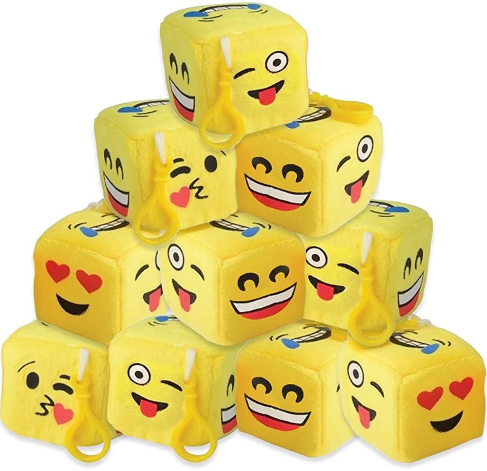 Plush Emoticon Dice with Clips, Set of 12 - Fun Keychain and Backpack Charms for Kids