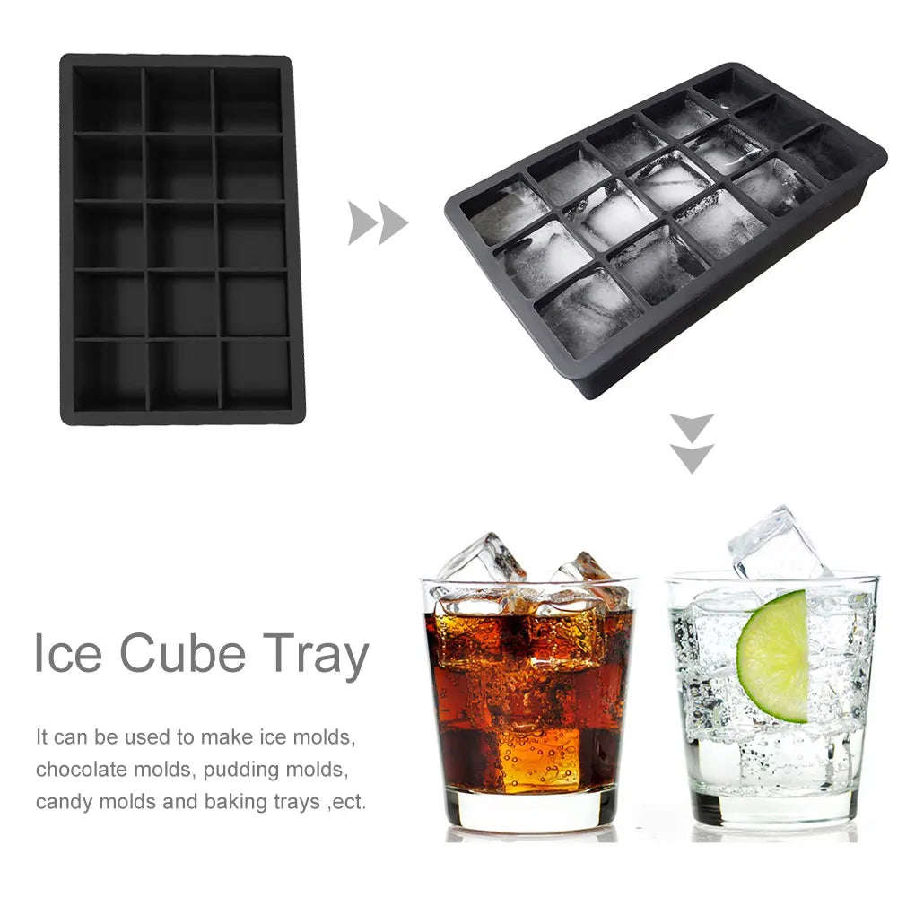 Black Grade Silicone 15-grid Jumbo Ice Cube Tray Mold - Non-toxic & Durable