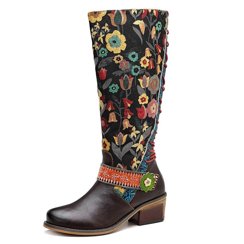 Retro Cowgirl Genuine Leather Flower Printed Wellington Boots