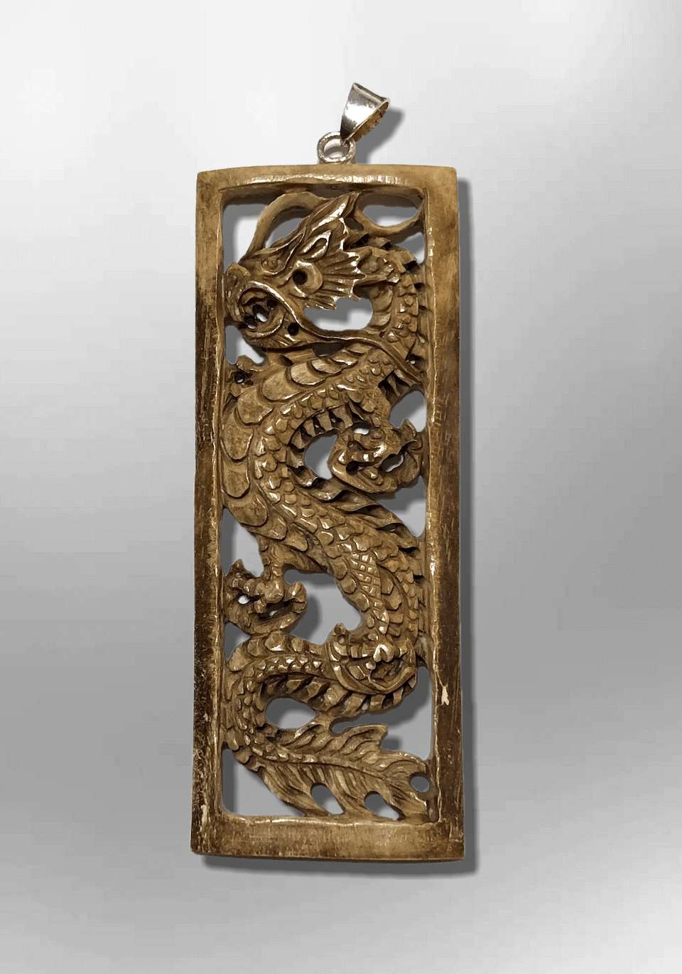 Bone Carved Handmade Long Hollow Rectangle Full Dragon Pendant