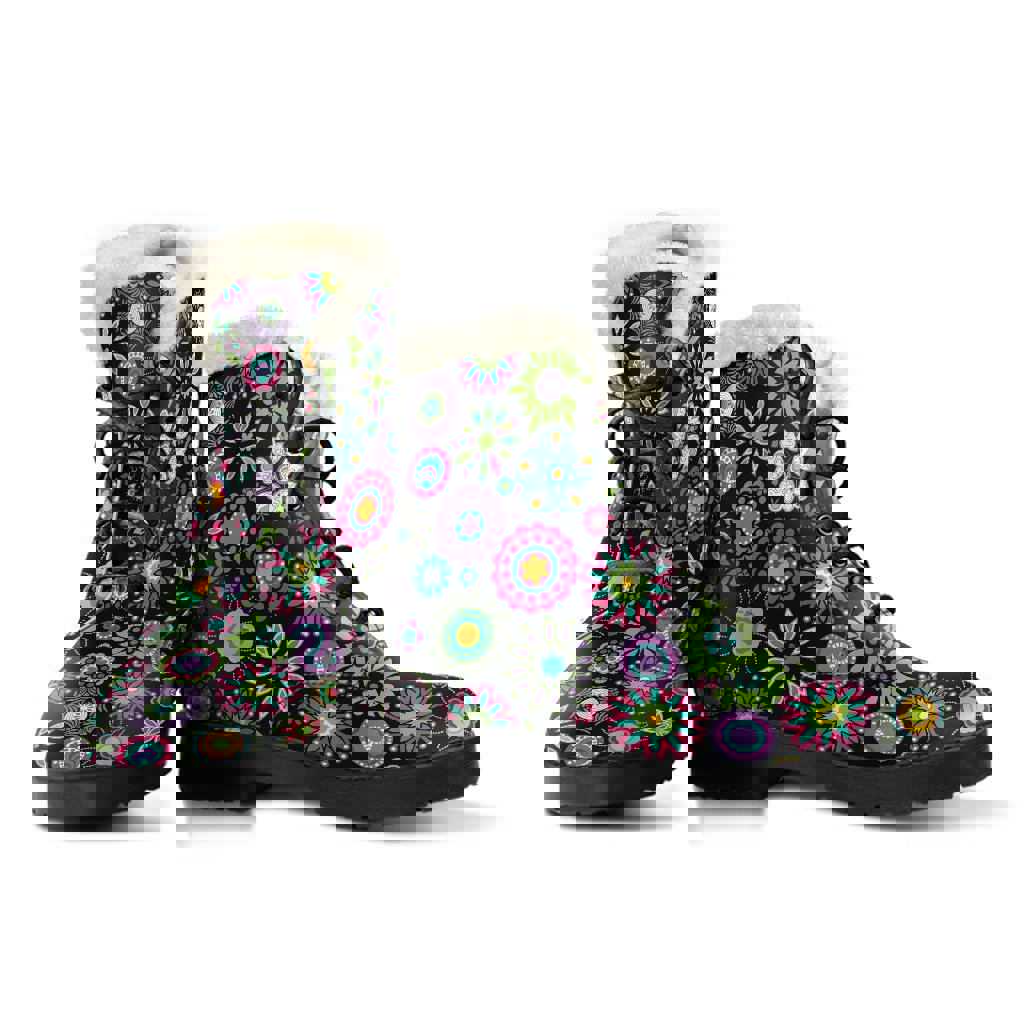 Happy Flowers Winter Boots - Vegan Faux Fur Leather Boots