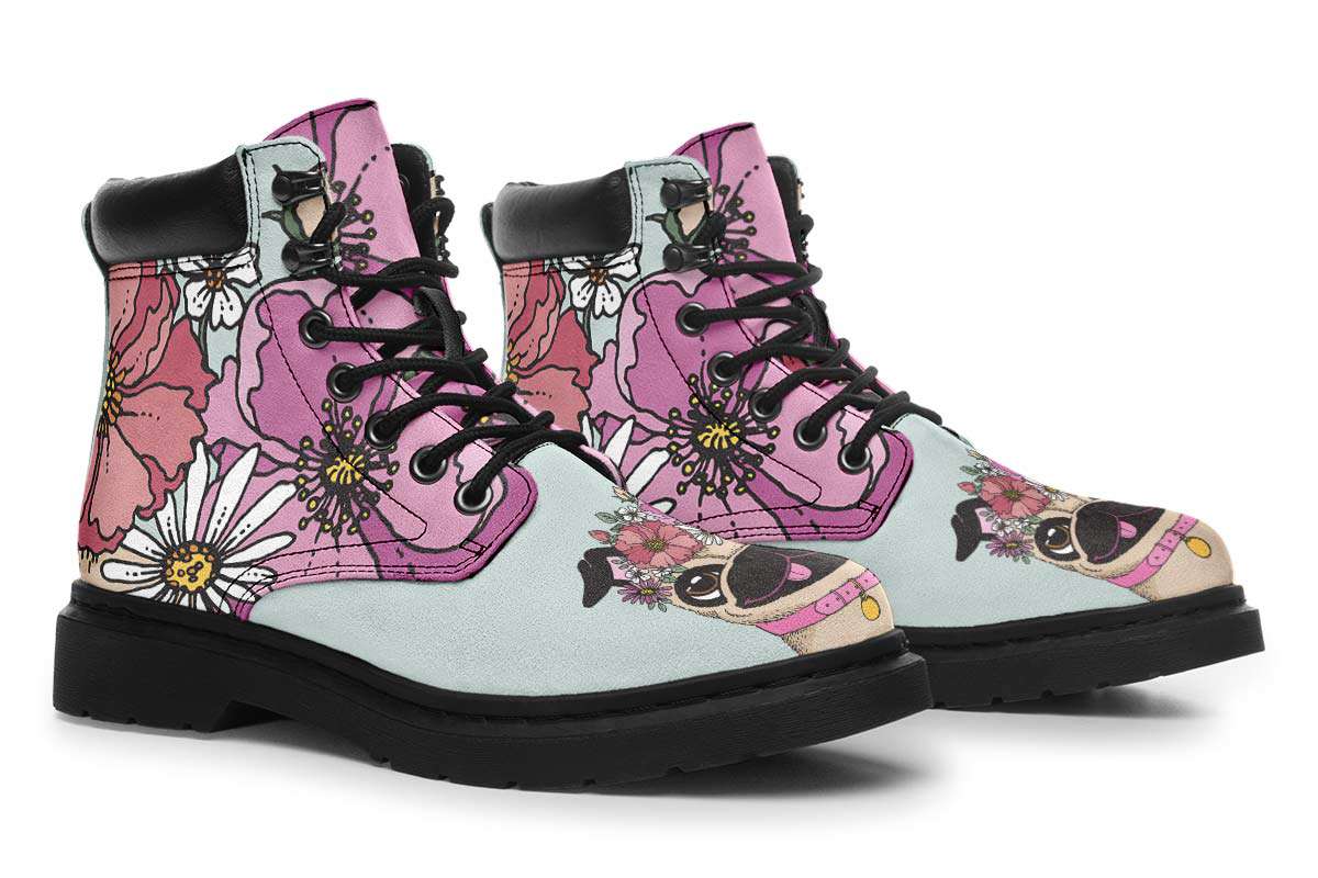 Floral Pug Classic Vibe Boots - Custom Printed Vegan Boots