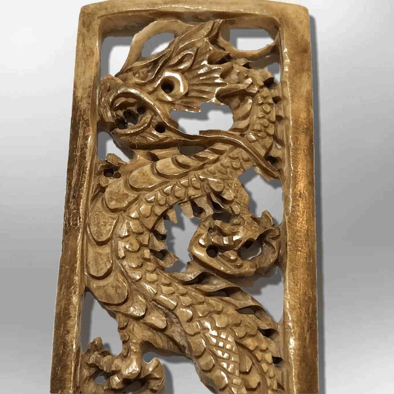 Bone Carved Handmade Long Hollow Rectangle Full Dragon Pendant